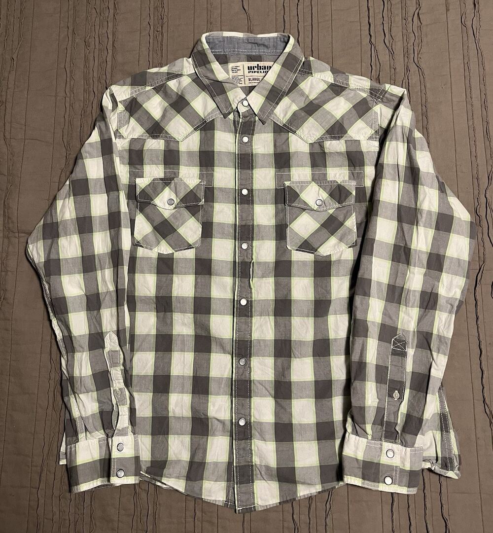 Urban Pipeline Mens Pearl Snap Western Black White Plaid Shirt Long Sleeve XL